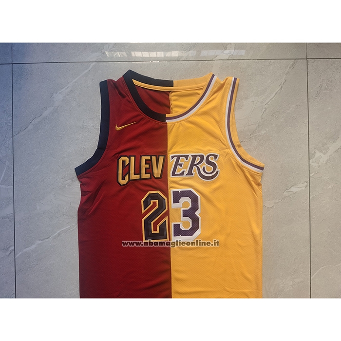 Maglia Cleveland Cavaliers Los Angeles Lakers LeBron James #23 Split Rosso Giallo